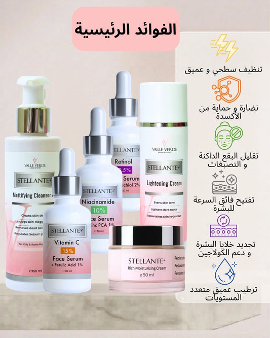 Stellante skincare product lineup with text on a beige background