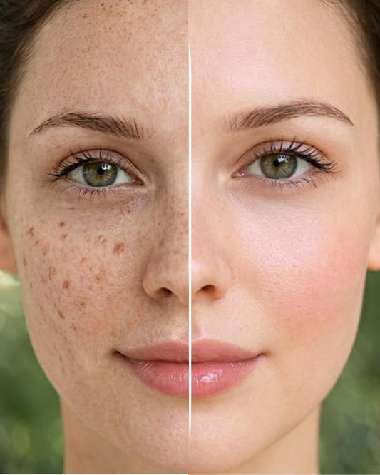 Before and after comparison of a woman's face with and without visible blemishes.