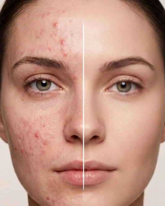 Before and after comparison of a person's face with acne on the left side and clear skin on the right side.