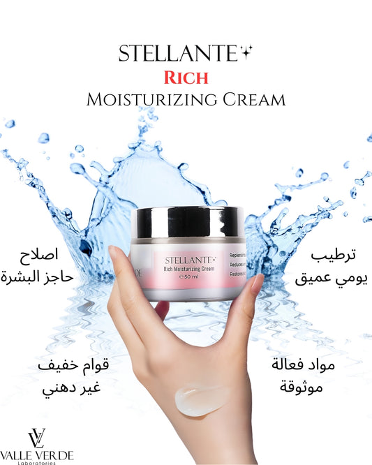 Stellante Rich Moisturizing Cream with water splash and hand holding cream jar on white background