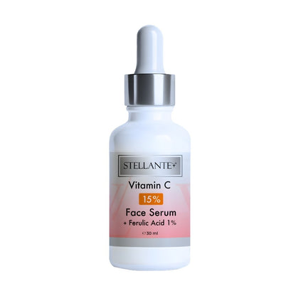 Stellante Vitamin C 15% Face Serum bottle with dropper on a white background