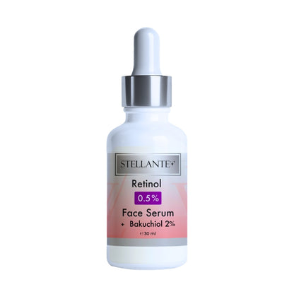 Stellante Retinol face serum bottle with dropper on a white background