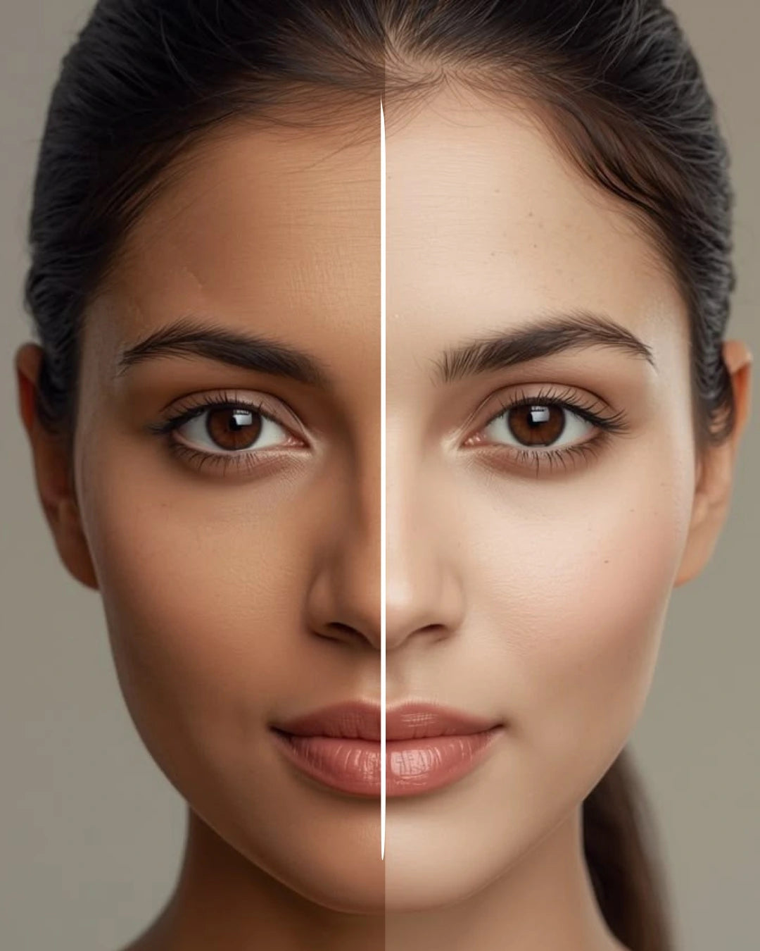Two halves of a woman's face, one with dark skin and the other with light skin, on a neutral background.