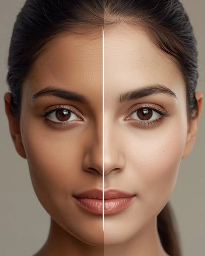 Two halves of a woman's face, one with dark skin and the other with light skin, on a neutral background.