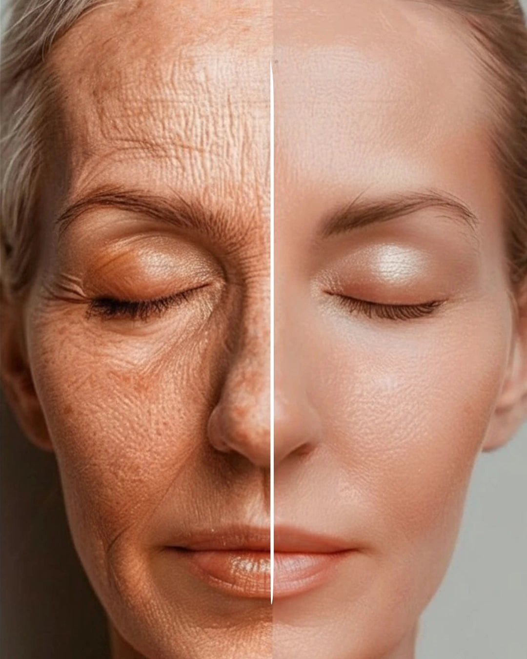 Before and after comparison of a woman's face with visible aging signs on the left and smoother skin on the right.