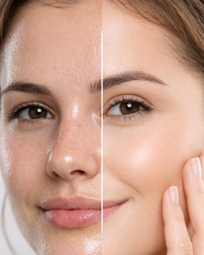 Before and after comparison of a woman's face with moisturizer application.