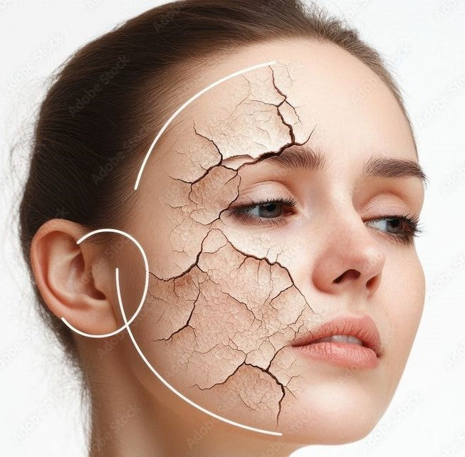 Woman's face with cracked skin texture on a white background