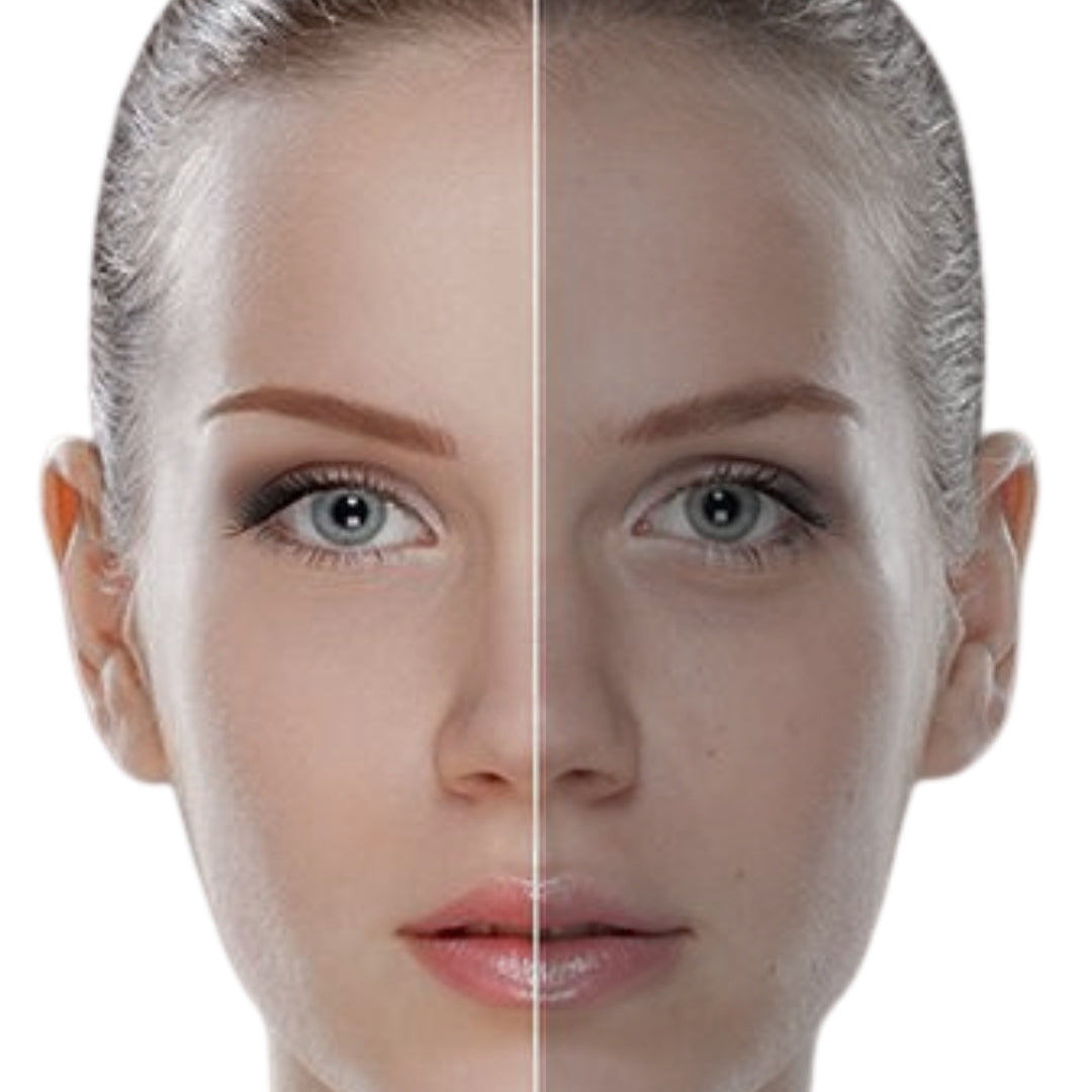 Side-by-side comparison of a woman's face with and without makeup on a white background
