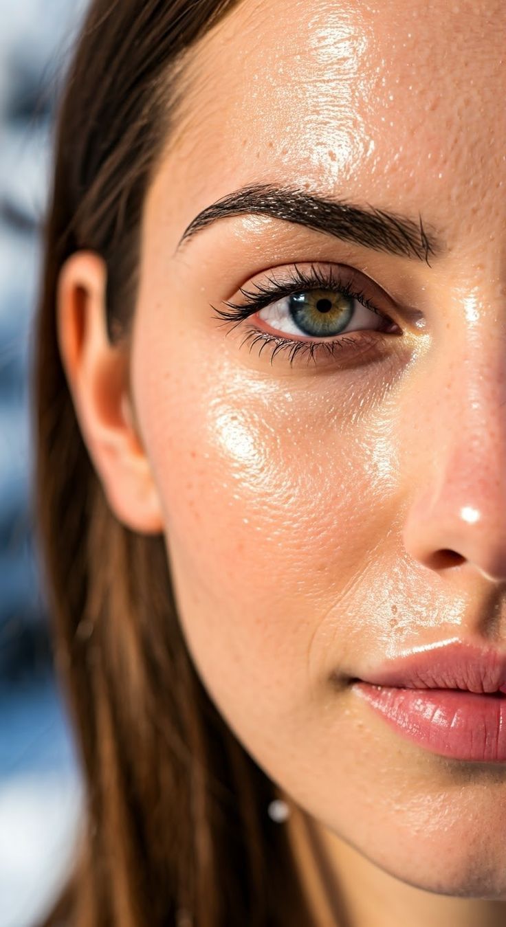 Close-up of a woman's face with oily skin