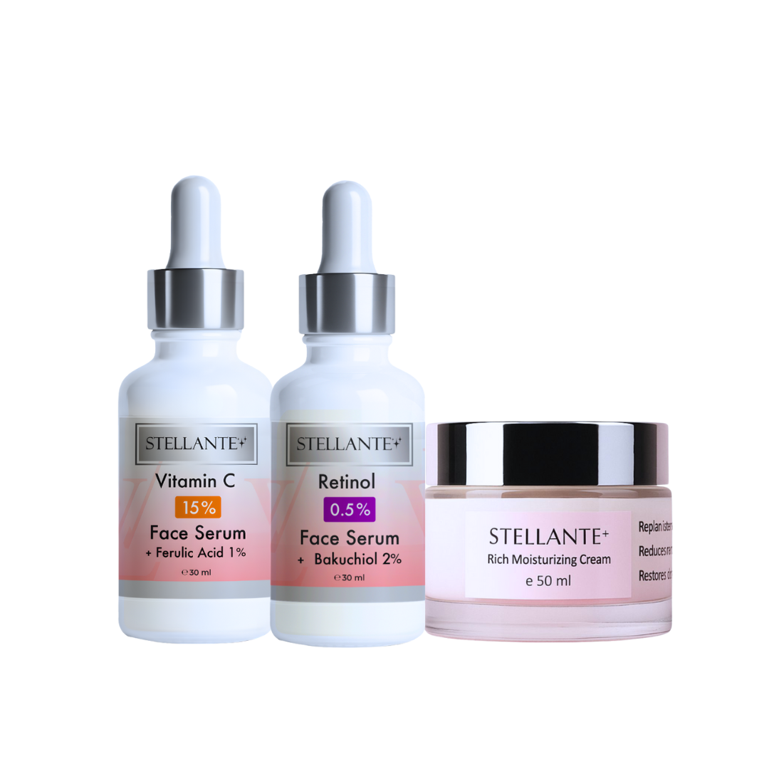 Three skincare products from Stellante on a white background