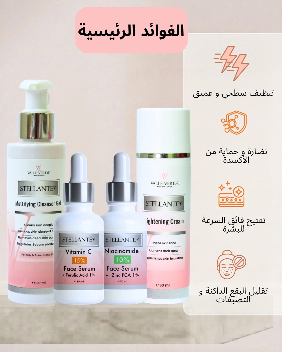 Set of skincare products with Stellante branding on a beige background