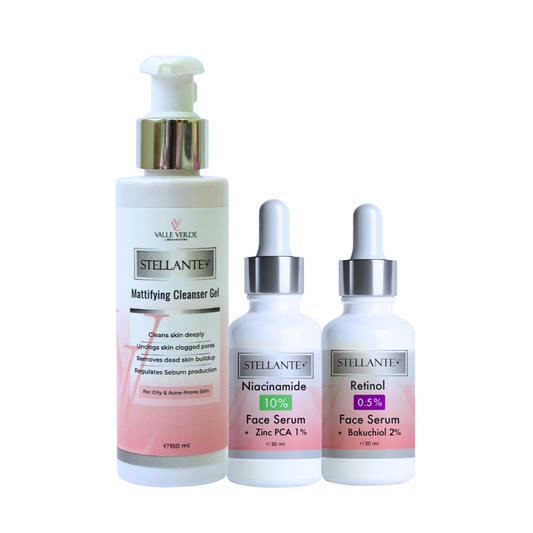 Set of Stellante skincare products including a cleanser and two face serums on a white background