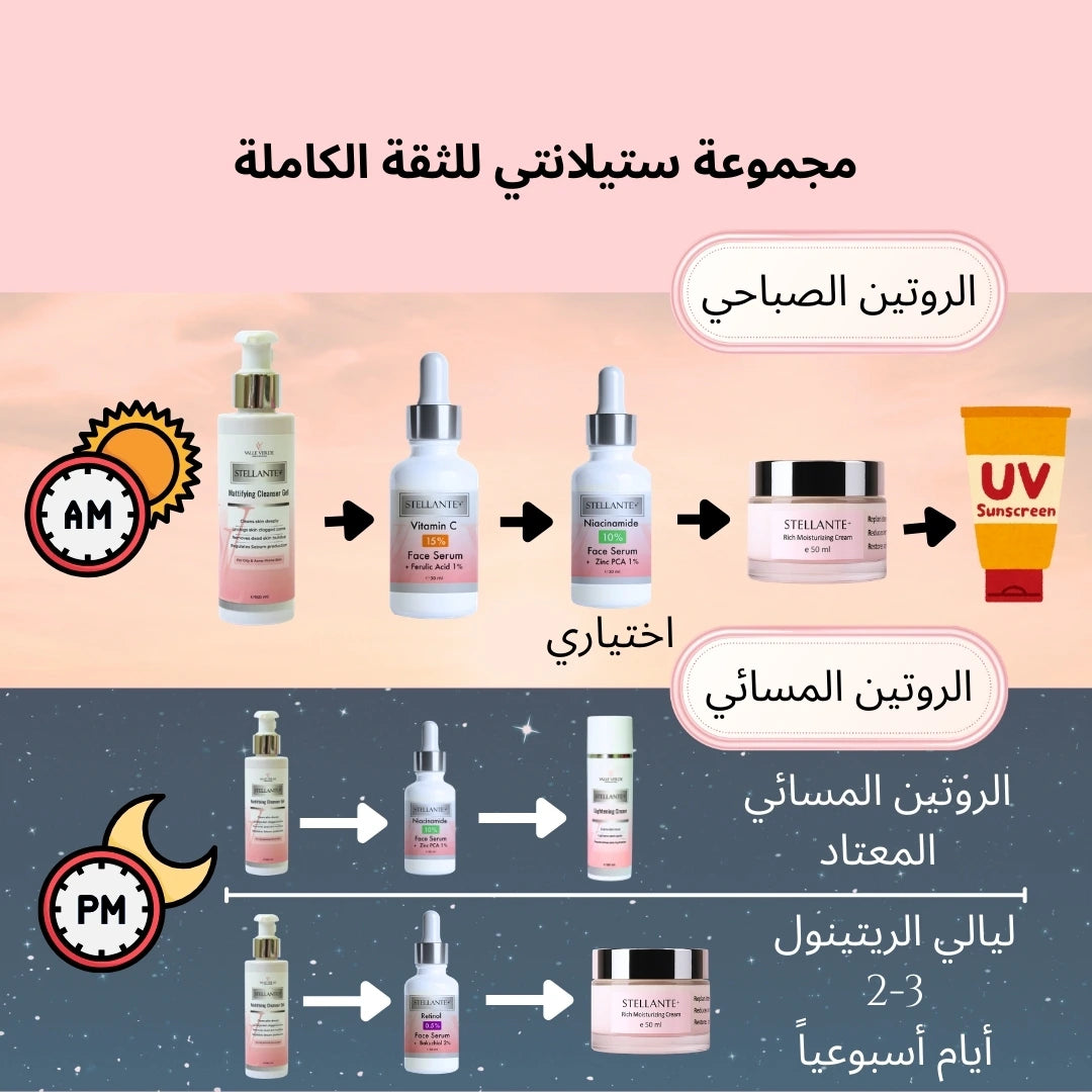 Stellante product lineup with bottles and a cream jar on a gradient background, featuring Arabic text.