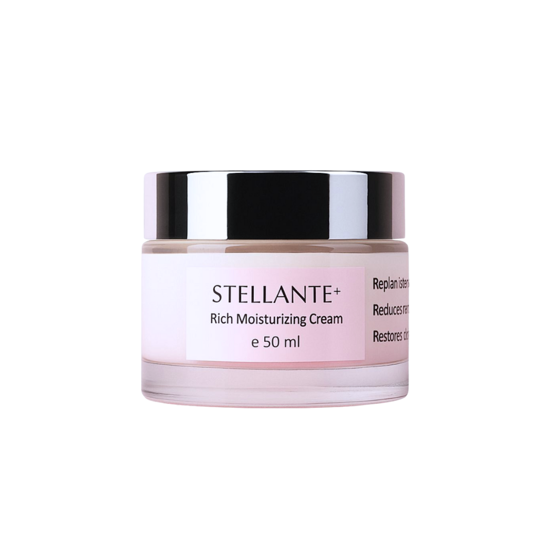 Stellante rich moisturizing cream jar on a white background