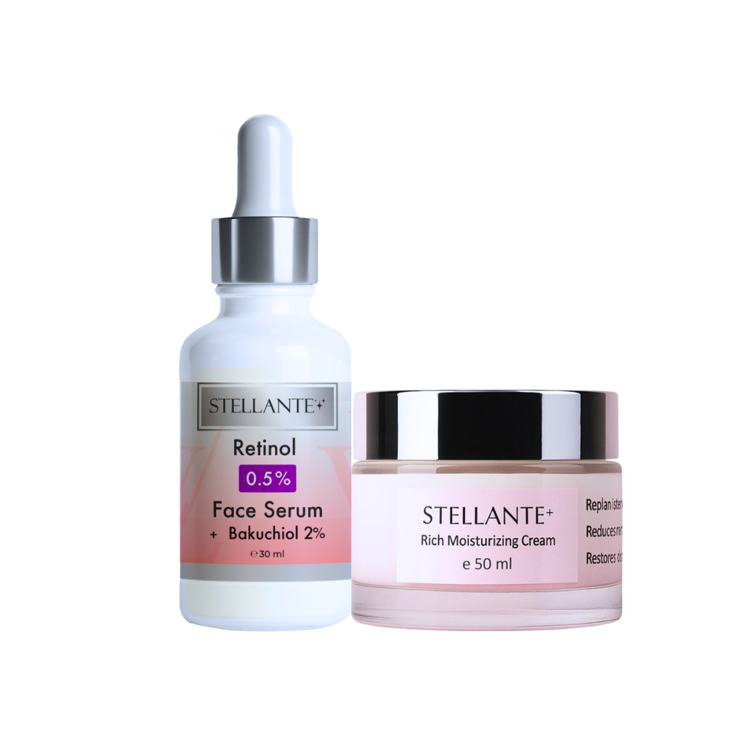 Stellante skincare serum and cream on a white background