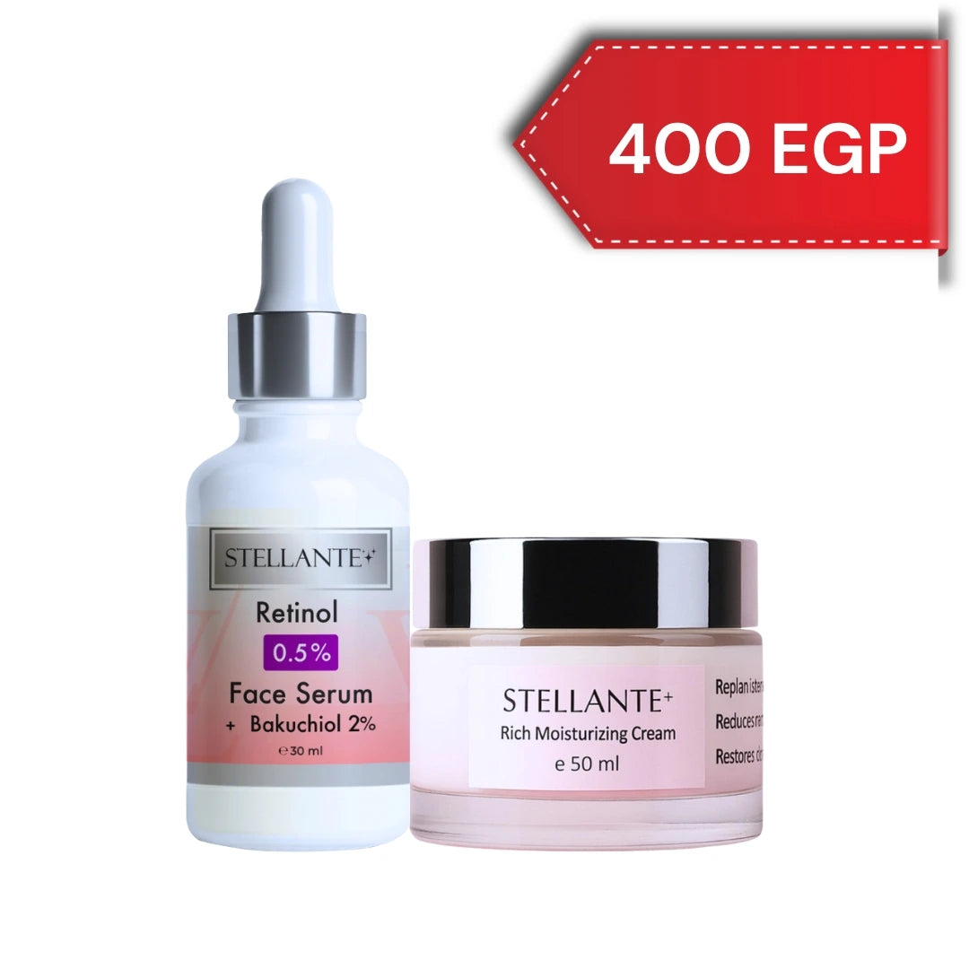 Stellante retinol face serum and moisturizing cream with a price tag of 400 EGP on a white background