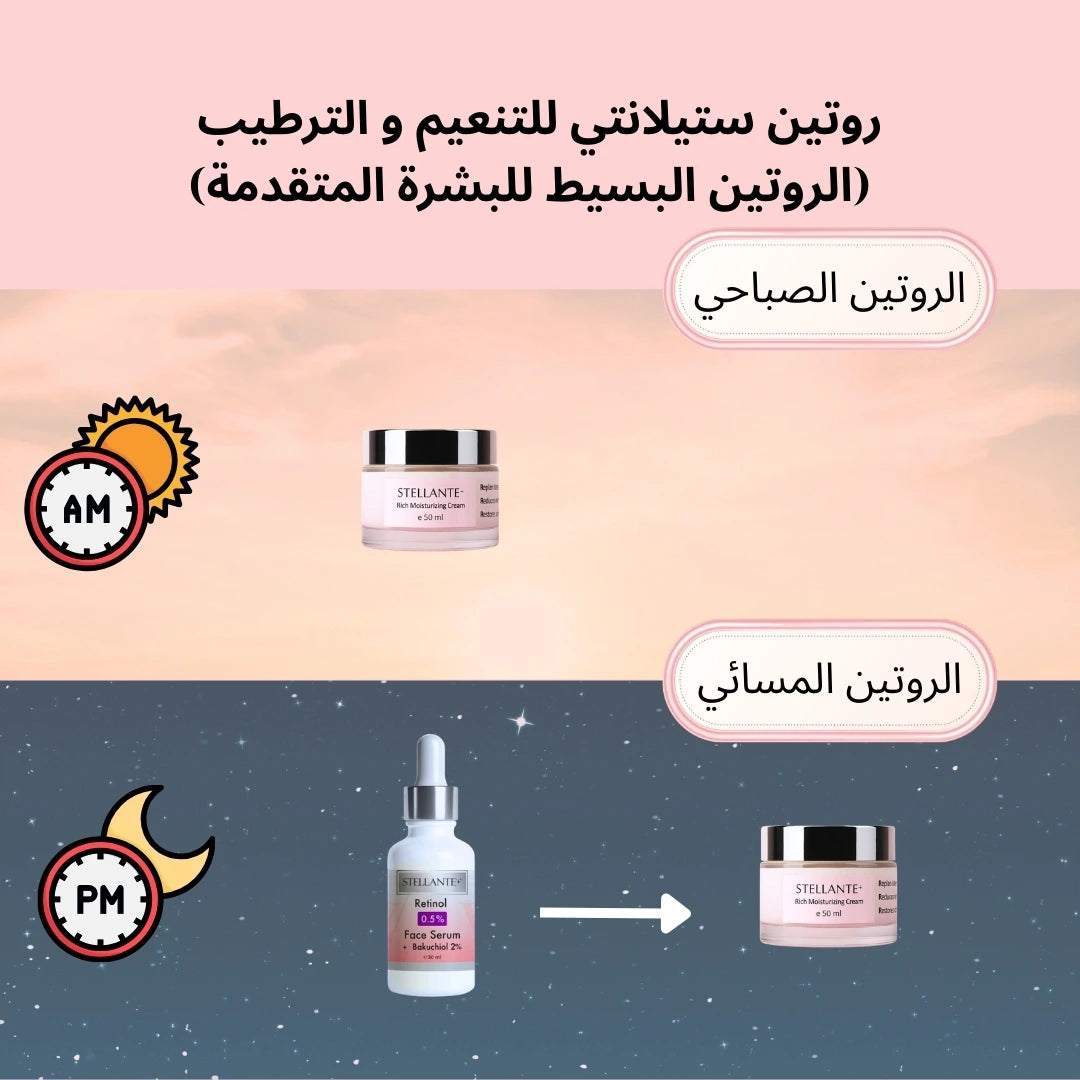 Stellante skincare products with morning and evening routines on a gradient background