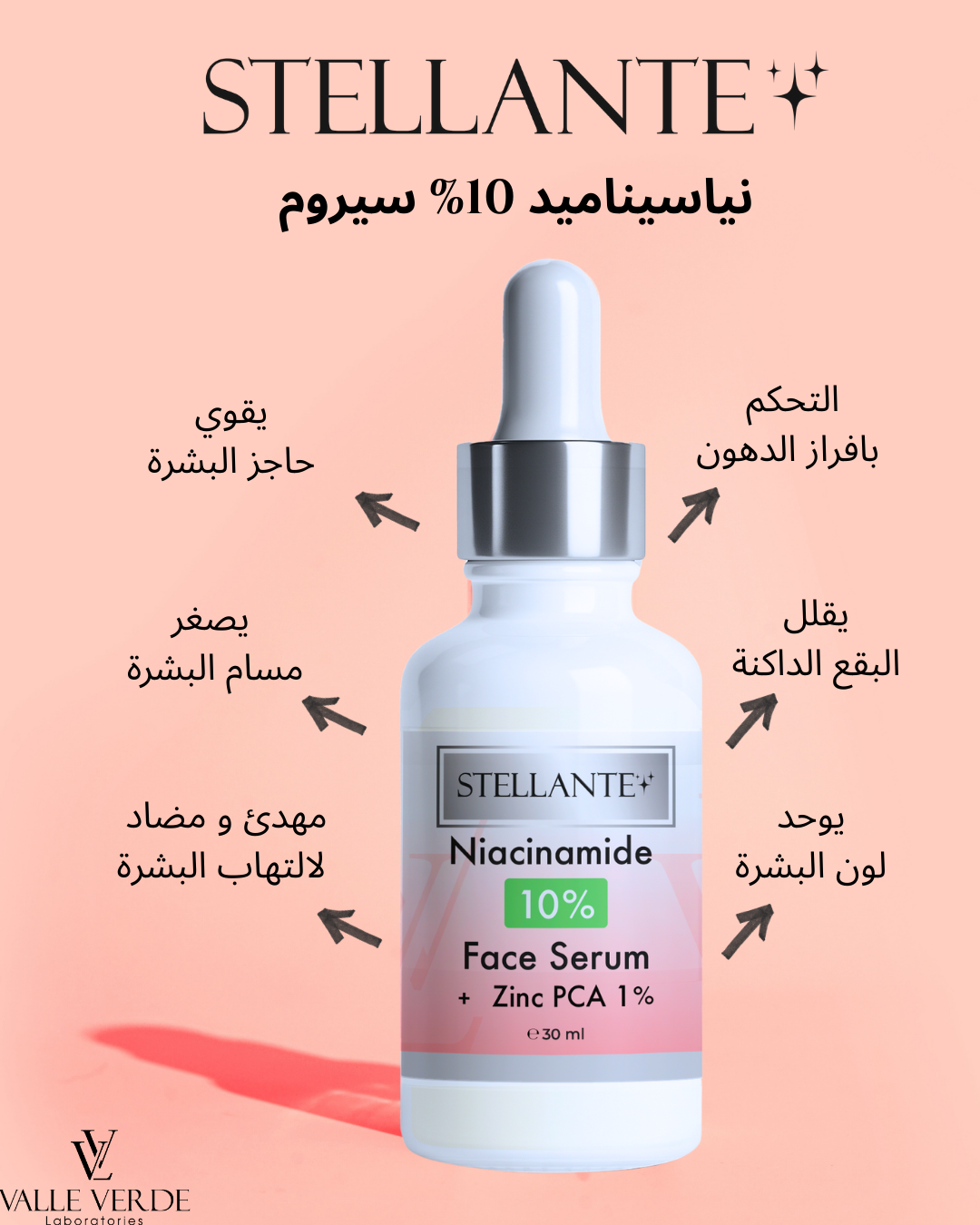 Stellante Niacinamide 10% face serum bottle with features on a pink background