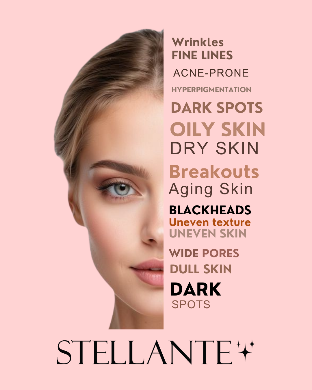 Stellante skincare product advertisement with a woman's face and skin concerns listed on a pink background
