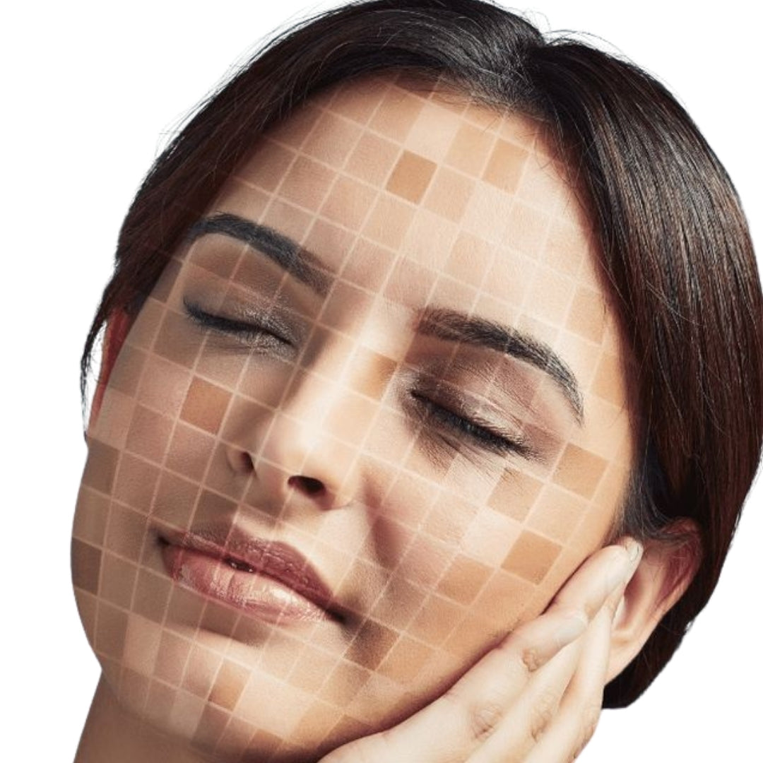 Woman with pixelated face on a white background