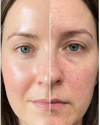 Side-by-side comparison of a woman's face with and without a cosmetic product application.