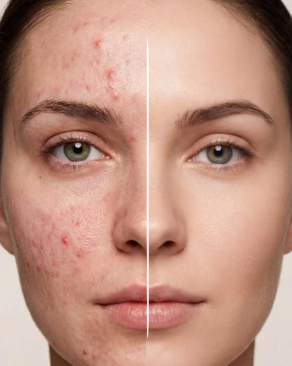 Before and after comparison of a person's face with acne on the left side and clear skin on the right side.