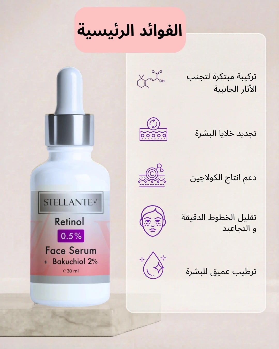 Stellanie Retinol Face Serum bottle with dropper on a beige background