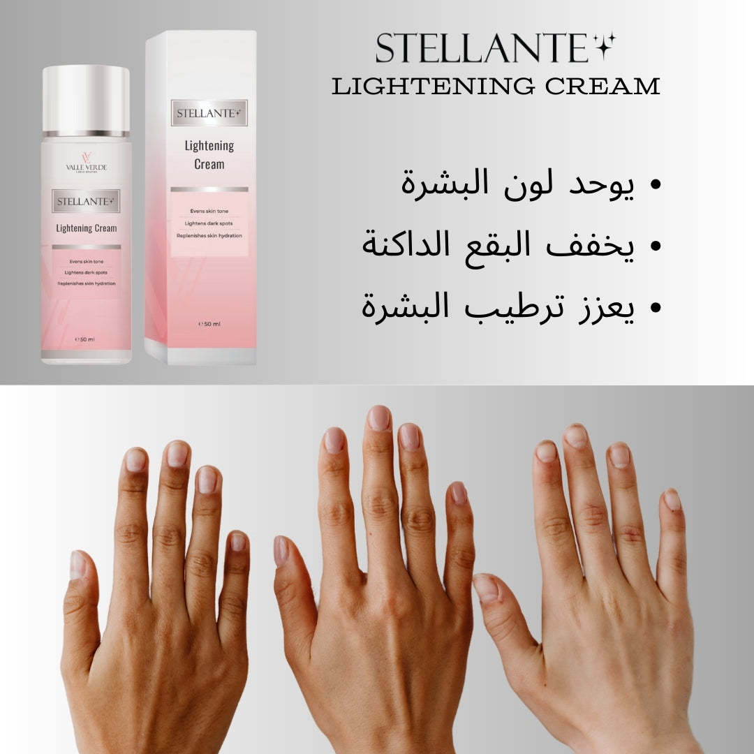 Stellante lightening cream packaging with product bottles and text on a gray background, followed by a comparison of three hands with different skin tones.