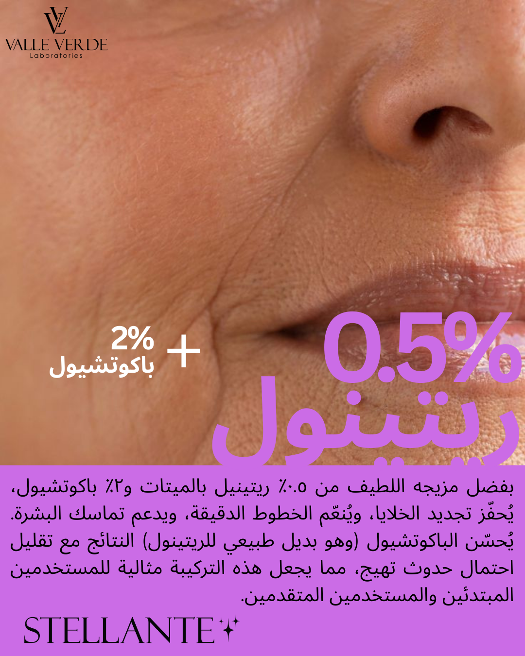 Close-up of a person's face with text about skincare ingredients and brand 'Stellante'.
