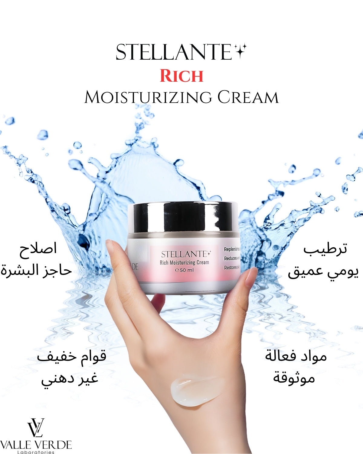 Stellante Rich Moisturizing Cream with water splash and hand holding cream jar on white background